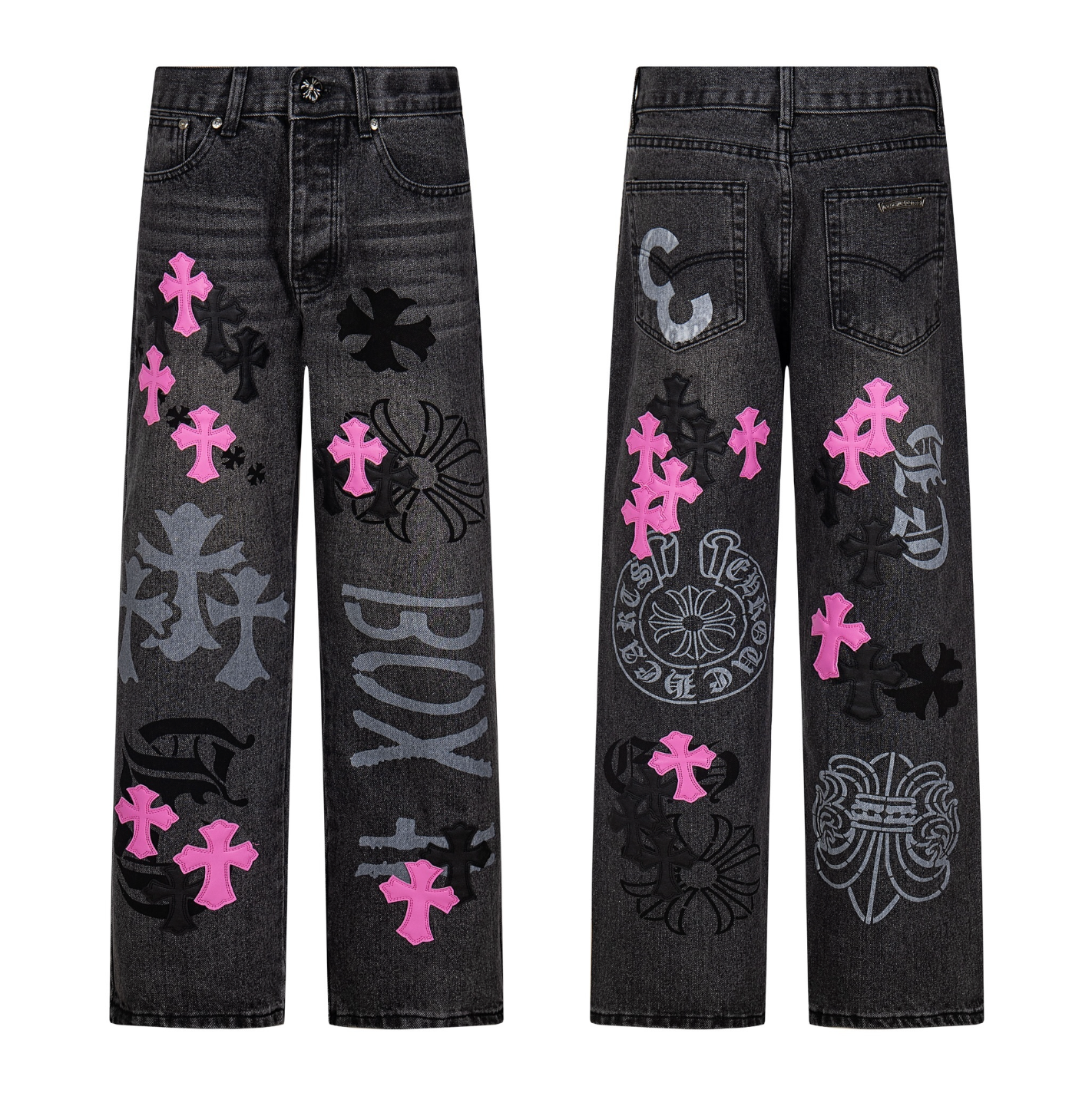 Denim negro con detalles de cruces rosas y negras
